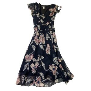 Jones New York Collection Midi Dress 100% Silk Floral Ruffle Lined Sz 6 Fairy